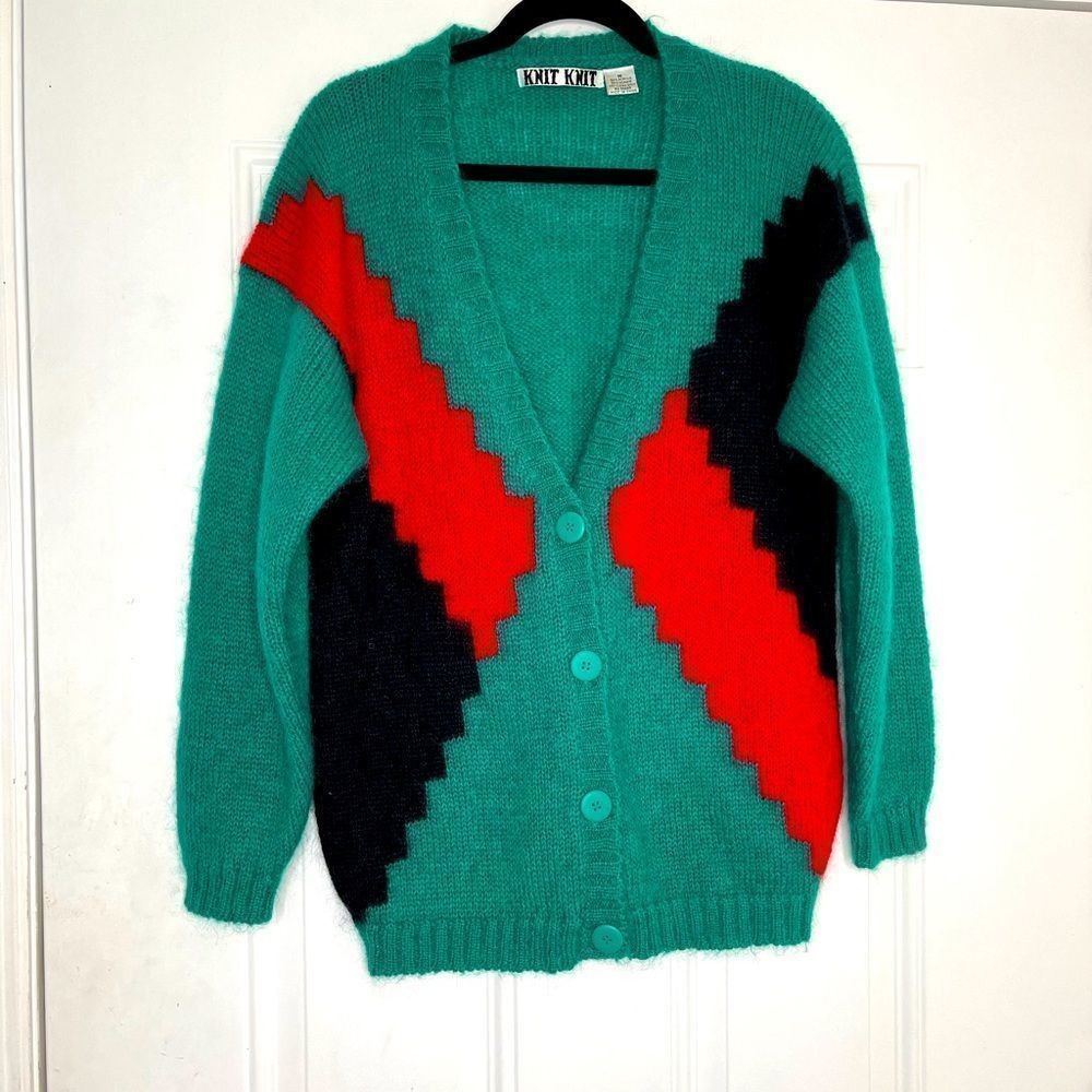 Vintage Knit Mohair Color Block Cardigan‎